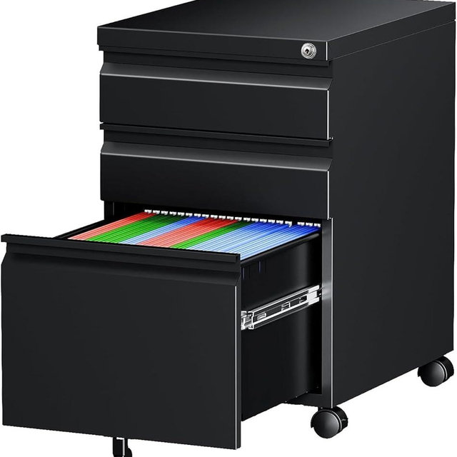 Letaya 3 Drawer Mobile File Cabinet with Lock, Under Desk Metal Rolling Filing Cabinets for Home Office Organizer Letters/Legal/A4 (Black- Requires Installation) (Black)