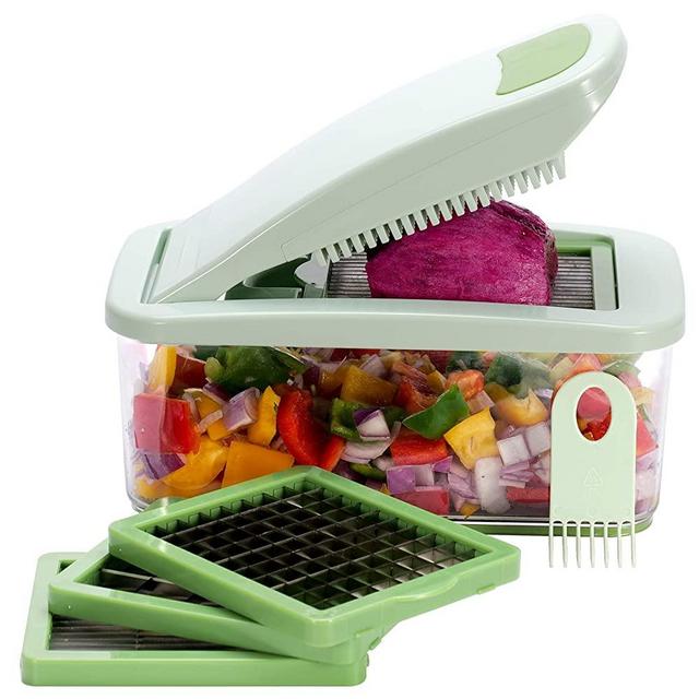 Brieftons QuickPush Food Chopper: Vegetable Fruit Dicer Slicer, Onion Tomato Potato Fries Cutter, 3 Extra-Large Blades with 200% More Cutting Area to Chop Dice Slice Vegetables, 2.6-Quart Container