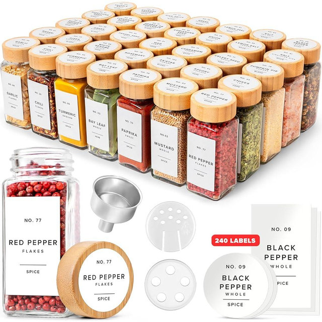 EDELHAUS® Square Spice Jars with Bamboo Wooden Lid (Pack of 36) Spice Jars with Shaker Insert and 240 Labels - Bamboo Lid Glass Container for Spice Organisation [4.3 in × 1.8 in]