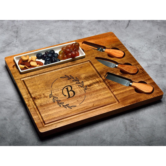 Picnic at Ascot Personalized Acacia Charcuterie Board with Cheese Knives & Ceramic Tray