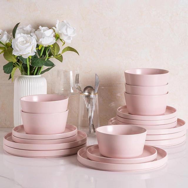 AmorArc Ceramic Dinnerware Sets of 6, Modern Flat Stoneware Plates and Bowls Sets,Chip and Crack Resistant | Dishwasher & Microwave Safe Dishes Set,Scratch Resistant- Service for 6 (18pc)-Matte Pink