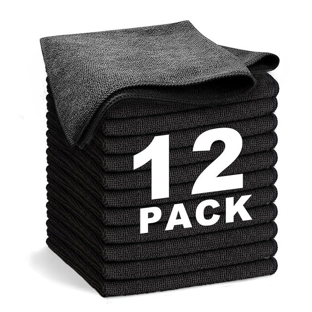 WEAWE Black Microfiber Cleaning Cloth 13"x13", Ultra Soft Absorbent Microfiber Cleaning Rags for Housekeeping Cleaning Supplies, Lint Free Reusable Cleaning Cloths for House Washable, Pack of 12
