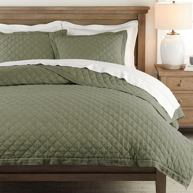 Loden Belgian Flax Linen Diamond Quilt, Full/Queen