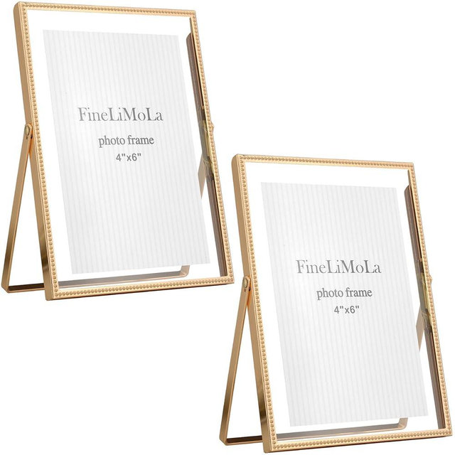 FineLiMoLa Gold 5x7'' Floating Frame 2Pack For Picture 3.5x5'', 4x6'', Beaded Thin Metal Edge Frames, Adjustable Tabletop/Shelf Photo Frame, Classy Wedding Gift and Home, Office Decor Frame