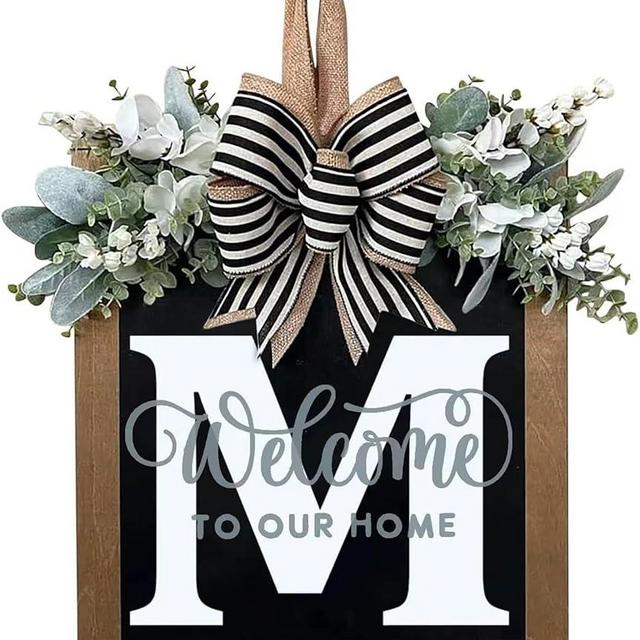 Last Name All Year Round Front Door Wreath,Front Porch Decoration 26 Letter Welcome Wreath, Eucalyptus and Bow Wreath for Spring, Summer, Autumn, Winter, Wall Window, Porch Farmhouse Decoration（M）