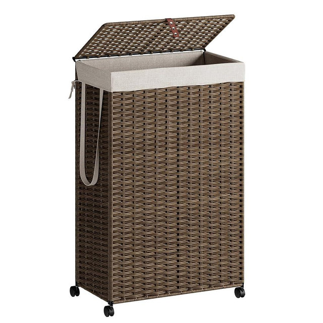 Rolling Laundry Hamper with Wheels and Lid, 90L Slim Laundry Basket with Removable Bag, Foldable Handwoven Rattan Laundry Sorter, Narrow Dirty Clothes Basket Organizer, No Assembly, Vintage