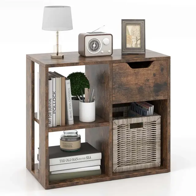 Costway 1 PCS 3-Cube Bookshelf 2-Tier Open Shelf Bookcase with Drawer Home Storage Organizer