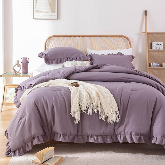 JANZAA King Size Comforter Set Grayish Purple Ruffle Comforter 3PCS Soft Fluffy Boho Comforter Vintage Farmhouse Bed Comforter Set Shabby Chic Bedding with 2 Pillowcases for All Season