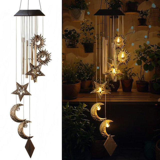 Colingmill Solar Wind Chimes for Outside Waterproof Hanging Wind Chimes Lights Outdoor Decor Yard Garden Gifts for Mother Mom Grandma Wife Neighbors(Sun Moon Star,Warm Colored Lights)