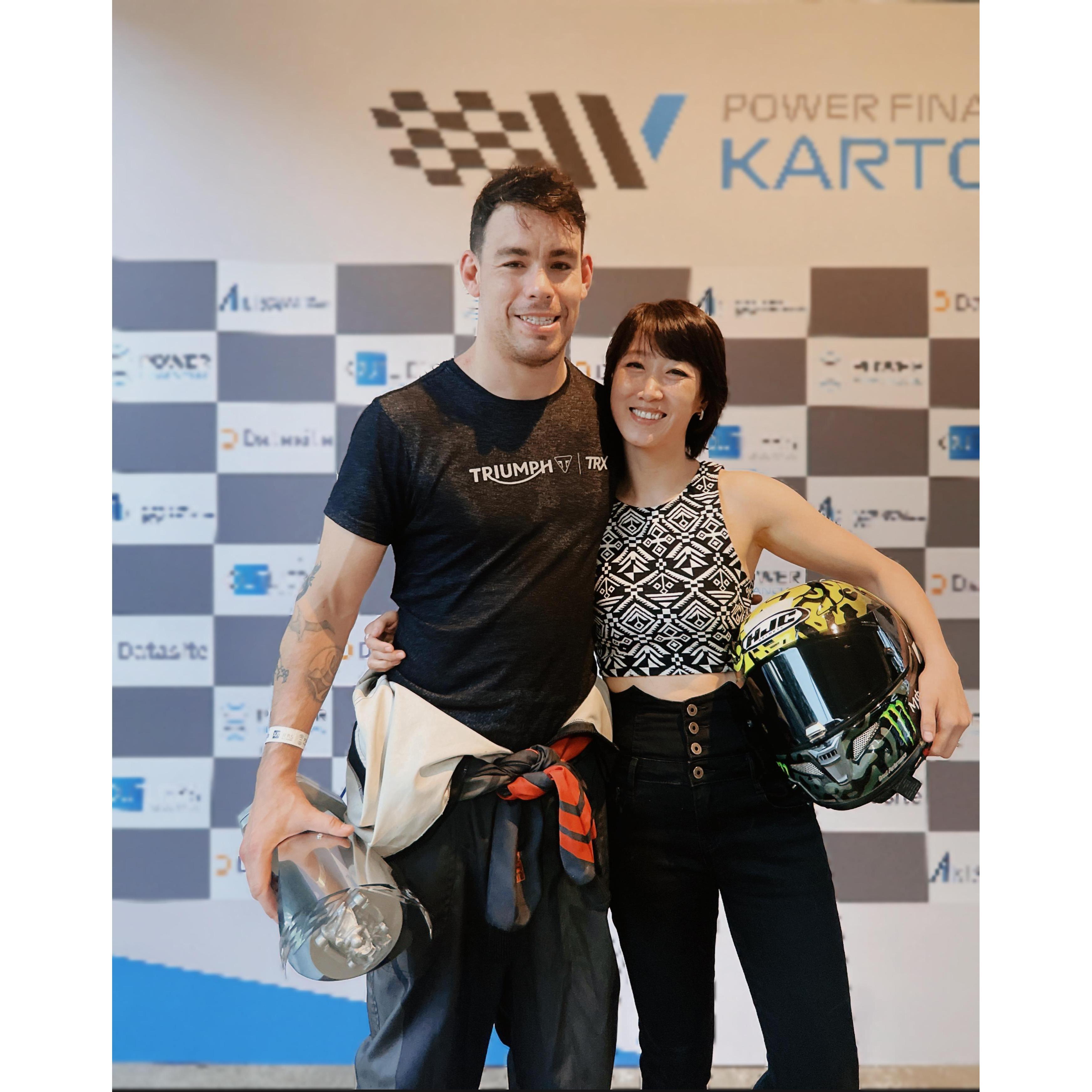 Here he is--the Karting Champion and his trophy, and she was the loudest fan there, screaming with pride! 🏁