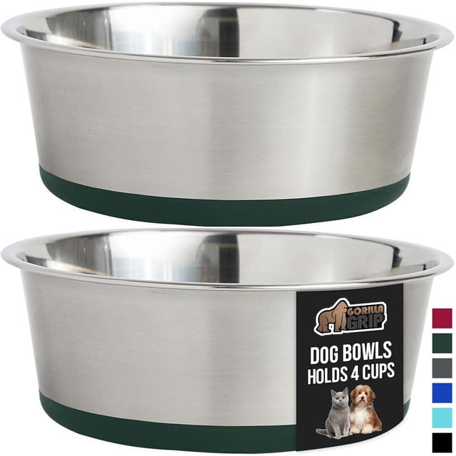 GORILLA GRIP Set of 2 Dog Bowls, Holds 4 Cups (32 fl oz), Heavy Duty Metal Food and Water Bowl for Feeding Dogs and Cats, Dishwasher Safe, Rust Resistant Stainless Steel, BPA Free Rubber Base, Green