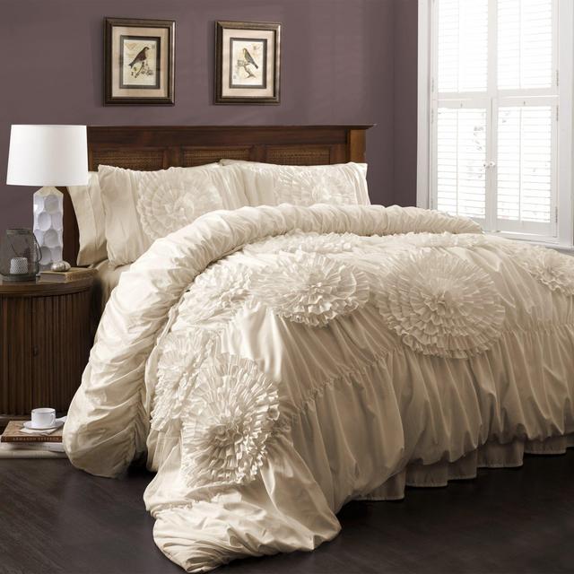 Lush Decor Serena Comforter Ivory Ruched Flower 3 Piece Set King