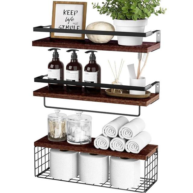 RYOFOBETTO Floating Shelves with Storage Basket, Over Toilet Paper Holder Storage Shelves, Wall Mounted Rustic Wood Shelves for Bathroom, Bedroom, Living Room, Kitchen(Walnut Brown, Set of 3)