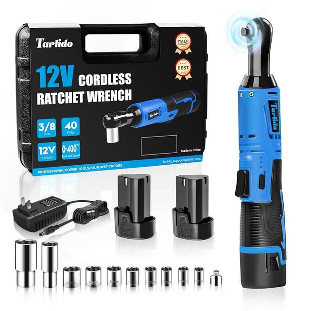 Tarlido Cordless Electric Ratchet Wrench, 3/8" 12V Battery Powered Ratchet Tool Kit, 40 Ft-Lbs 400 RPM Ratchet Wrench Set with LED Light, 2 Batteries, 11 Sockets and Fast Charger-Blue