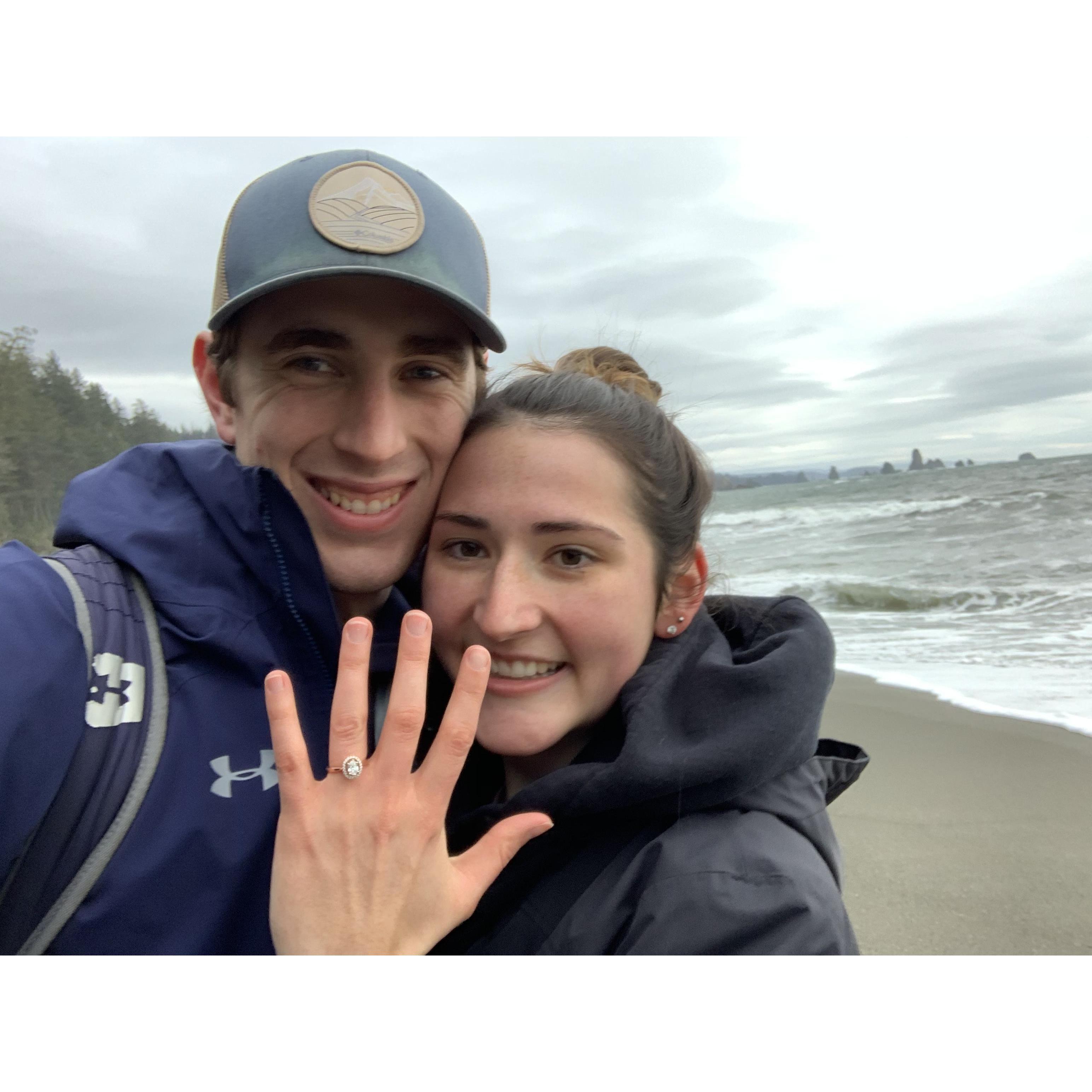Huge smiles moments after he proposed! We had the Washington Coast beach to ourselves and surprisingly beautiful weather on December 26th