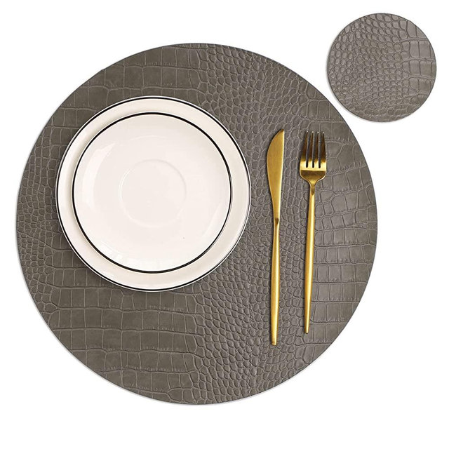 Round Leather Placemats for Round Tables Set of 6, Grey Table Place Mats and Coasters, Washable Easy to Care for Indoor Decor 13" Diameter