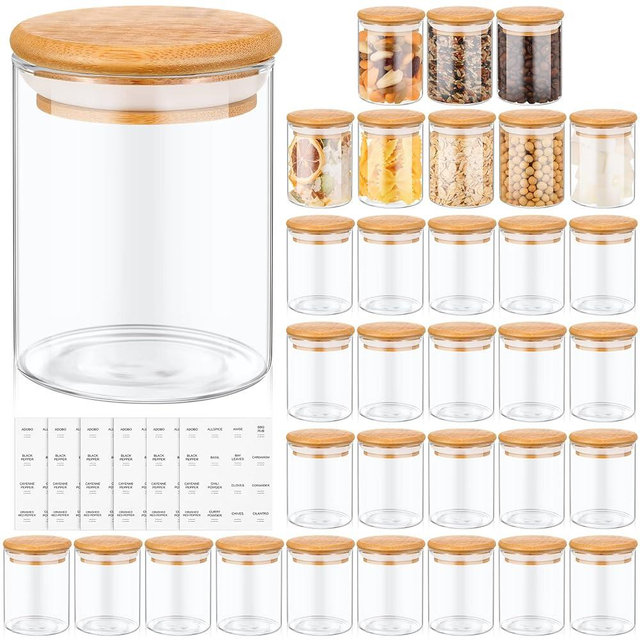 Zubebe 32 Pack 7oz Glass Spice Jars with Bamboo Lids, Airtight Seasoning Containers with 660 Labels for Kitchens Seasoning Jars Storage Herbal Teas Coffee
