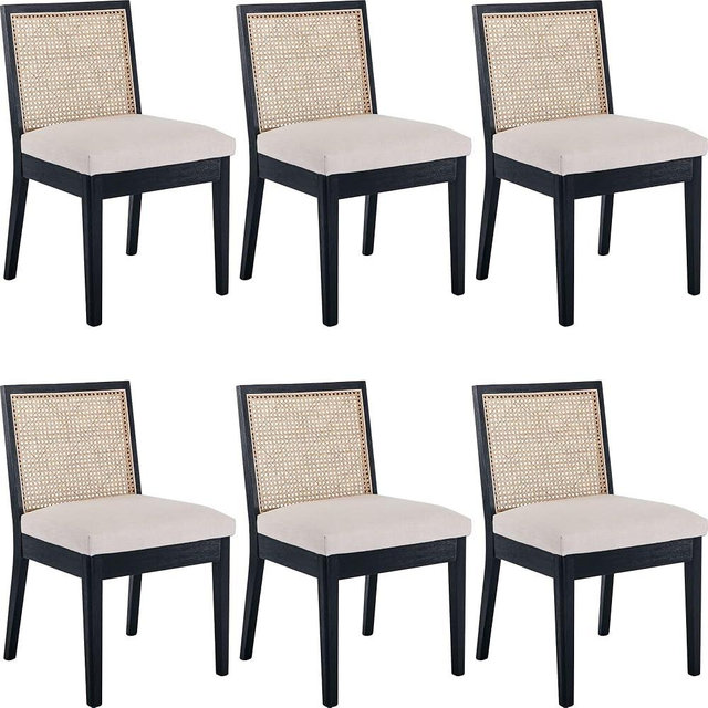 BESTANO Farmhouse Rattan Dining Chairs Set of 6 Black Wood Dining Room Chairs Rectangle Cane Country Kitchen Chairs Upholstered Wood Dining Chair for Dining Room, Cream Linen