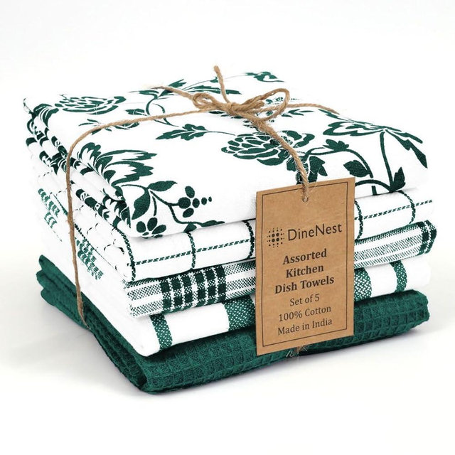 DineNest Assorted Kitchen Dish Towels 100% Cotton 16x26 Inch Set of 5 - Super Absorbent Soft Durable Washable Dish & Cleaning Low-Lint Towel for Kitchen & Home - Quick Drying Dish Towel Green