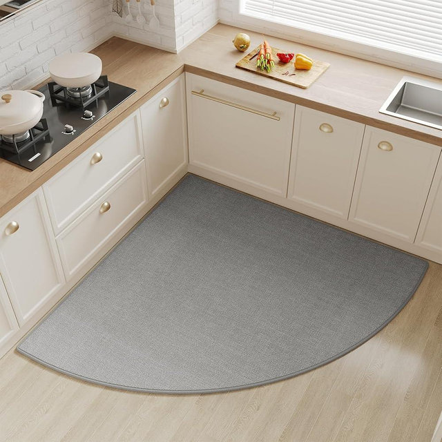 YDKGL Corner Kitchen Rugs Non Slip Washable, Rubber Backed Circular Sector Kitchen Mats for Floor, Super Absorbent Imitation Jute Braided Kitchen Floor Mat for Sink Corner Areas (Gray, Radius 47")