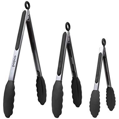 The Original Popco Tongs, Set of 3-7,9,12 inches, Heavy Duty, Stainless Steel Bbq and Kitchen Tongs with Silicone Tips (Can Also Be Used as Ice Tongs and Sugar Tongs) (Black)
