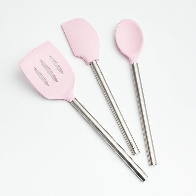 Pink Silicone Utensils with Stainless Steel Handles, Set of 3