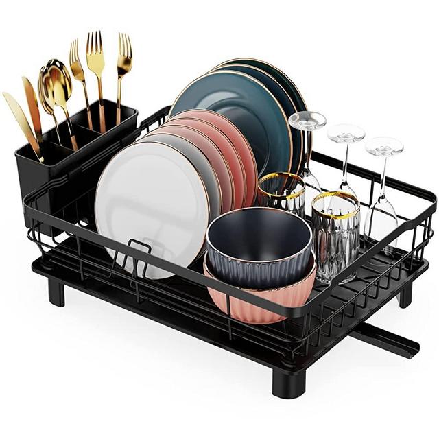 Dish Drying Rack for Kitchen Counter-GSlife Dish Rack with Drainboard Set Swivel Spout Sturdy Dish Drainer with Drip Tray, Black