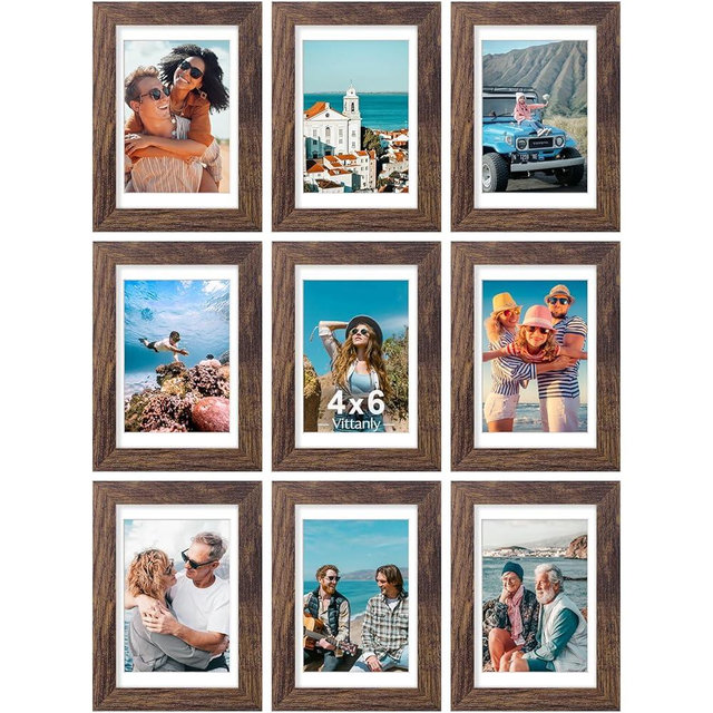 Vittanly 4x6 Picture Frames Set of 9, Shatter Resistant Plexiglass, Display 3.5x5 Pictures with Mat or 4x6 without Mat, Photo Frames for Wall or Tabletop, Engineered Wood, Brown