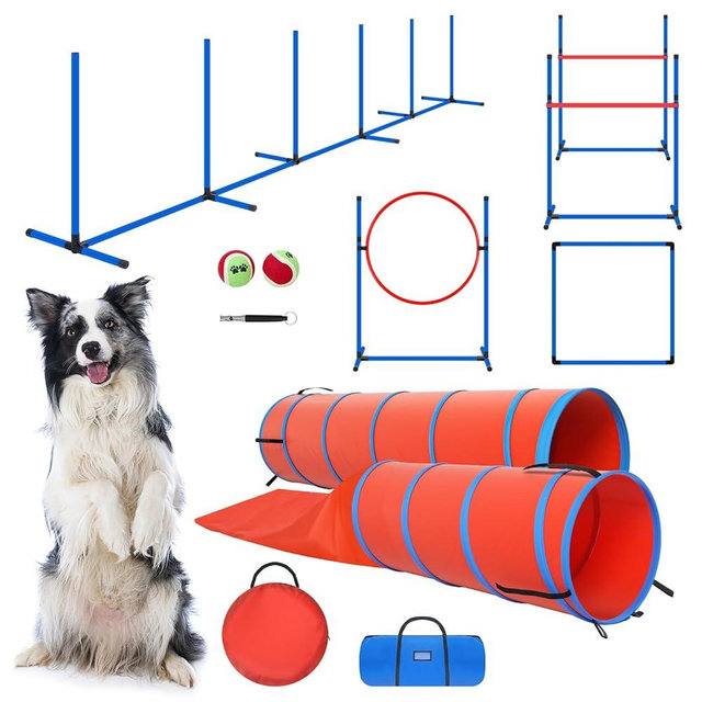 Dog Agility Training Equipment Set, Obstacle Courses Agility Training Kit for Puppy Includes 2 High Hurdles, Standard Tunnel, Blind Tunnel, Jumping Ring, 6 Weave Poles, Pause Box and 2 Carrying Bags