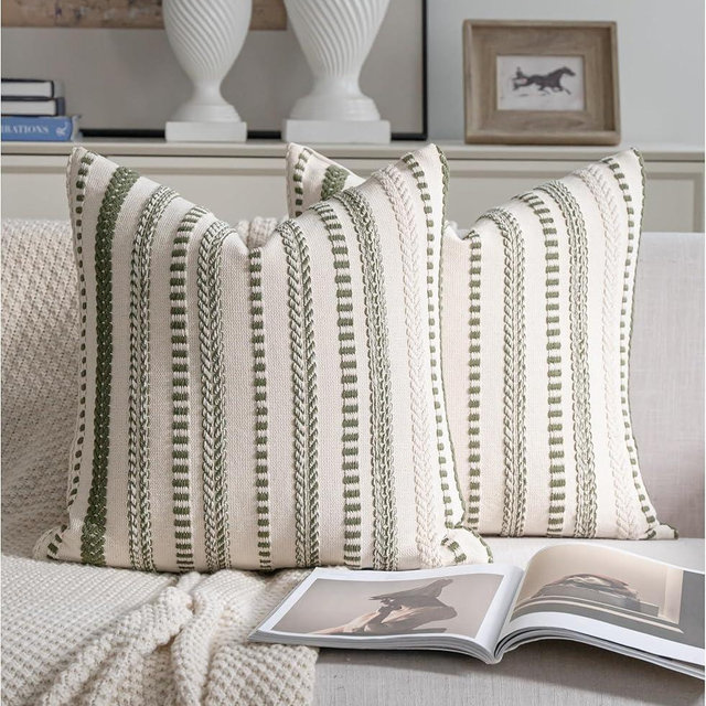 Cethom Green Boho Throw Pillow Covers 20x20 Inch Set of 2, Stripe Textured Decorative Couch Pillow Cases for Bed, Sofa, Living Room, Bedroom, Farmhouse Home Accent Cushion Covers