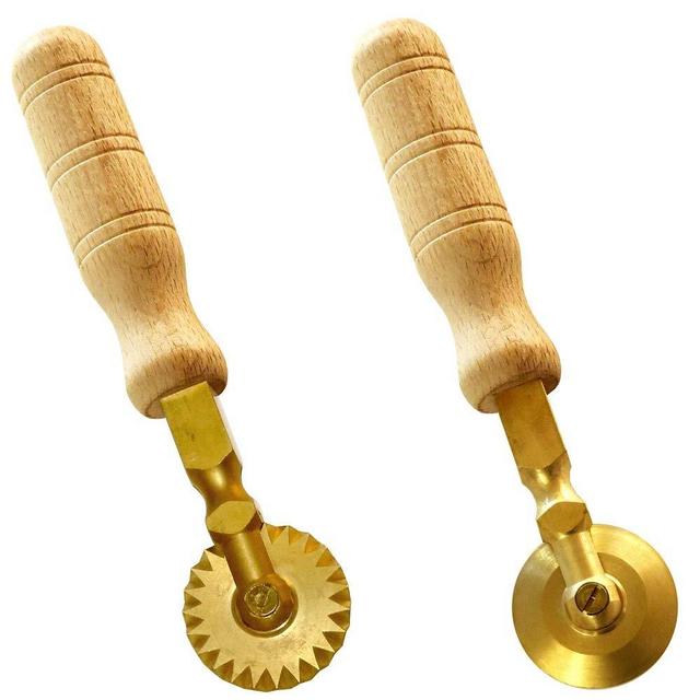 LaGondola Professional Pasta Cutter Wheel, Ravioli Cutter, Timeless Natural Wood Handle and Durable Brass Head (Set of 1 Festooned Wheel and 1 Smooth Wheel)