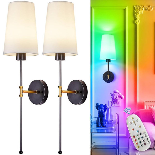 Depuley Battery Operated Wall Sconce: 27" Set of 2 Wireless Wall Lights with Remote for Bedroom - Rechargeable 15 Colors Black and Gold Wall Lamp for Living Room Hallway Decor