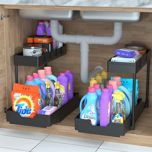 2 Pack Under Sink Organizer, 2 Tier Bathroom Cabinet Organizer with Sliding Basket, Multi-Purpose Under Sink Organizers and Storage for Bathroom Kitchen