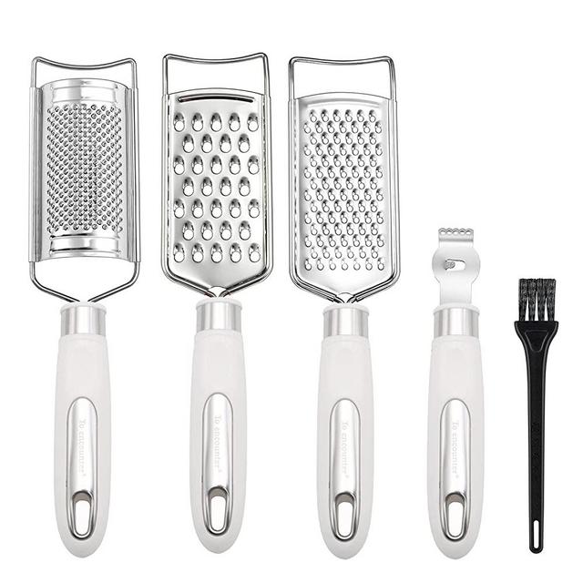 To encounter Set of 5 Cheese Grater & Peeler,Lemon Zester, Stainless Steel Multi-purpose Kitchen Food Grater Slicer for Vegetable, Fruit, Chocolate With Cleaning Brush (White)