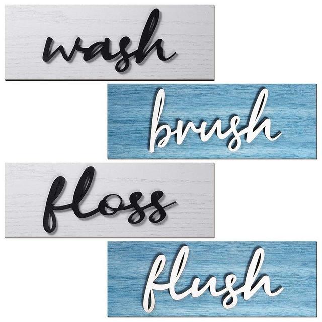 Jetec 4 Pieces Farmhouse Bathroom Wall Decor Wash Signs Rustic Hanging Wooden Signs Primitive Wall Arts Vintage Country Wooden Decorations for Home Room Bathroom(Blue, White)