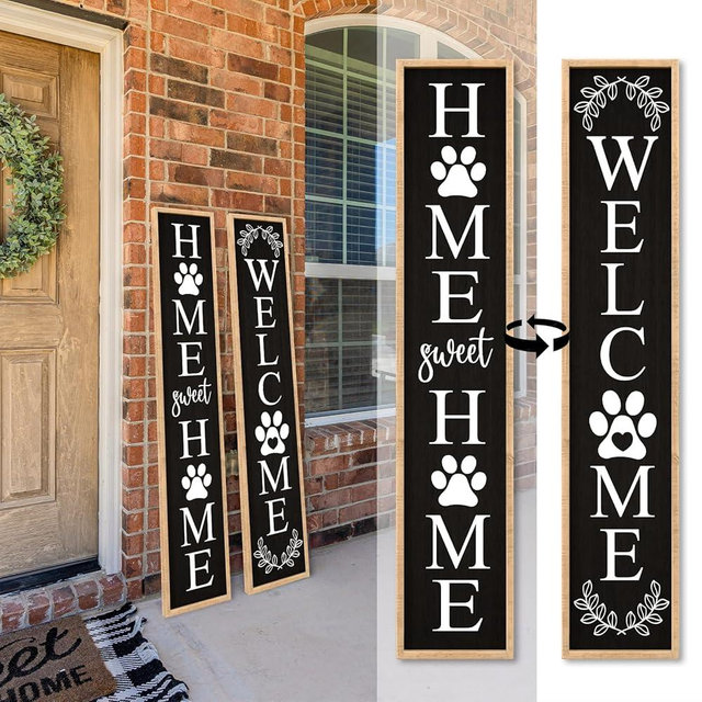 Aurapeak Outdoor Welcome Sign for Front Porch Door Decor, Home Sweet Home Sign Door Outside Standing Large 2 Sided Dog Paw Farmhouse Modern Wooden Frame Vertical Leaner (45"X9" Wood Black)