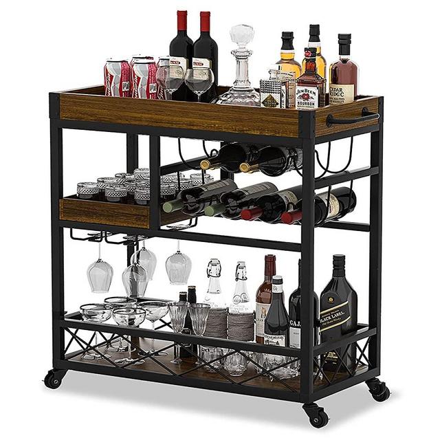 Ohsuaniy Bar Cart Industrial Kitchen Serving Carts for Home 3 Tier Storage Trolley with Wine Rack Glasses Holder Two Portable Trays Universal Casters with Brakes Rustic Rolling Cart Alcoholic Beverage