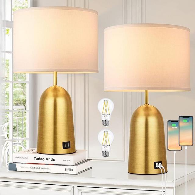 Set of 2 Table Lamps with Dual USB Charging Ports, Gold Bedside Lamps with LED Night Light, Modern Brass Crystal Nightstand Lamps for Bedroom Living Room Study Desk End Tables, Bulbs Not Included