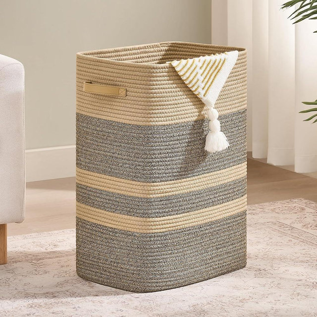 Nunsino Laundry Hamper,Laundry Basket with Leather Handles,Woven Storage Basket for Toys,Pillows,Blankets,Clothes,Dark&Brown