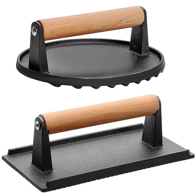 CEKEE 2PCS Burger Press, 7" Round & 8.2"X 4.3" Rectangle, Heavy-Duty Cast Iron Grill Press with Wood Handle, Smash Burger Press Perfects for Blackstone Griddle, Flat Tops, Grills & Camp Chef