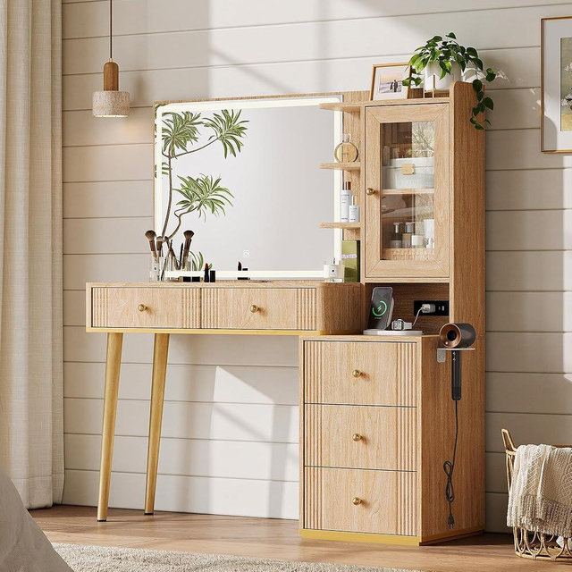 LINSY Wood Vanity with Glass Top, Make Up Vanity Desk with Mirror and Lights, Boho Fluted Vanity with Storage, Drawers, Cabinet and Outlet, 48" Large Vanity Table for Bedroom, Women, Girls, Oak