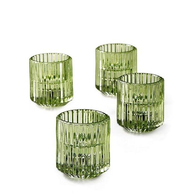 Serene Spaces Living Set of 4 Green Ribbed Glass Votive Holders, Perfect for Weddings and Home Décor, Measures 2.25" Tall and 2" Diameter