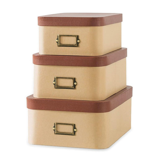 Soul & Lane Kraft Decorative Boxes with Light Leather Lids, Set of 3 Cardboard Memory Boxes for Keepsakes with Bronze Label Holders, Perfect for Home and Office Decor and Organizing