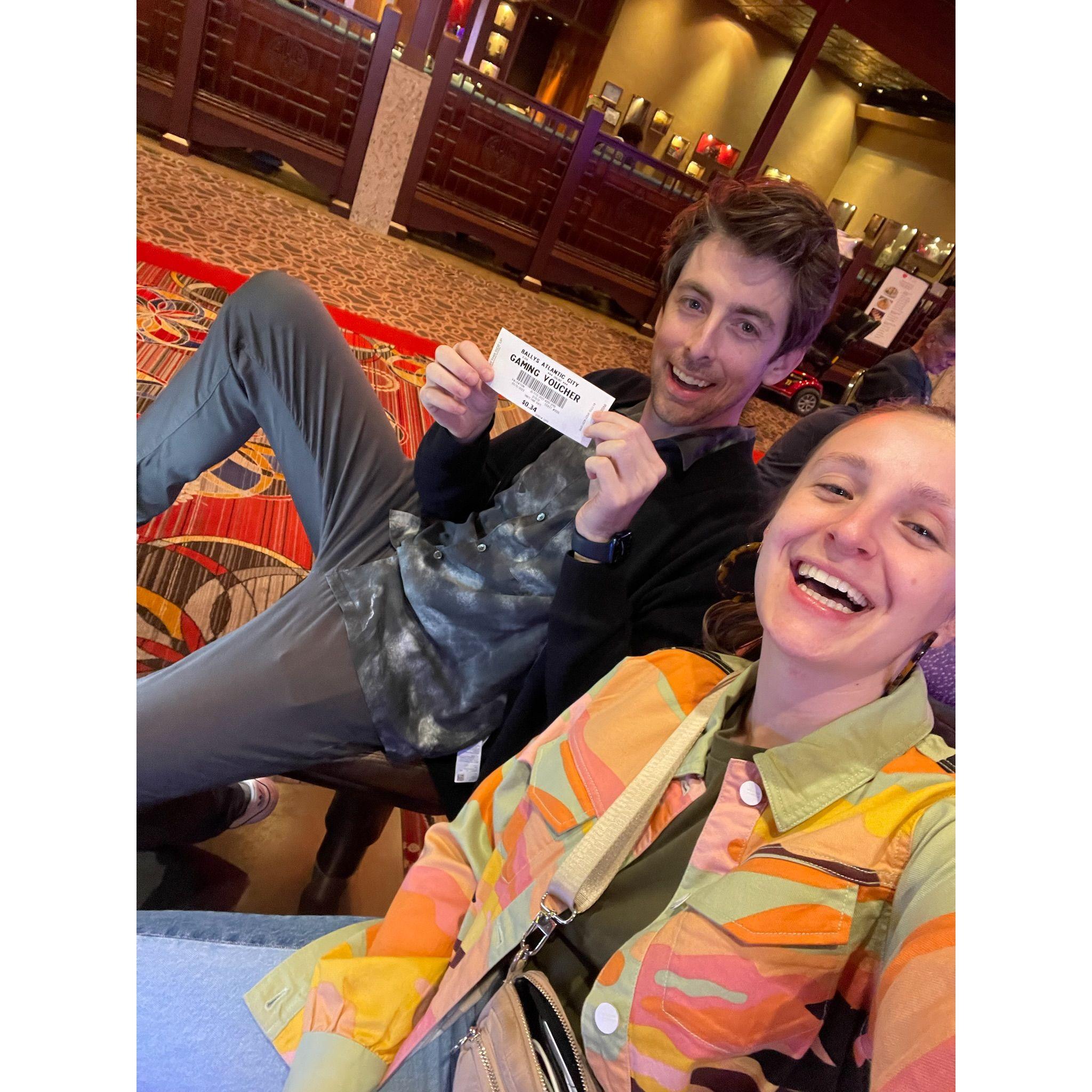 "Connor hits it big - 34 cents" (Very near to the smoking section of Bally Casino, Atlantic City, NJ; May 12, 2023)