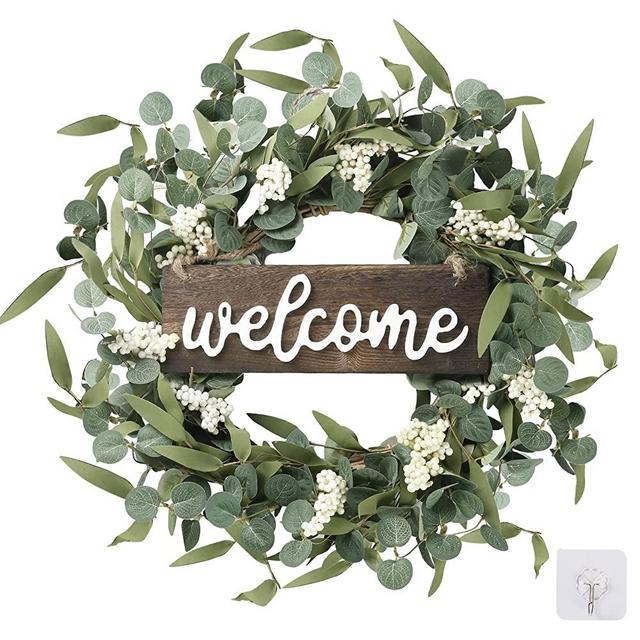 Sggvecsy Green Eucalyptus Wreath with Welcome Sign 20in Artificial Eucalyptus Wreath Spring Summer Wreath with White Berries for Front Door Wall Window Festival Farmhouse Porch Patio Garden Decor