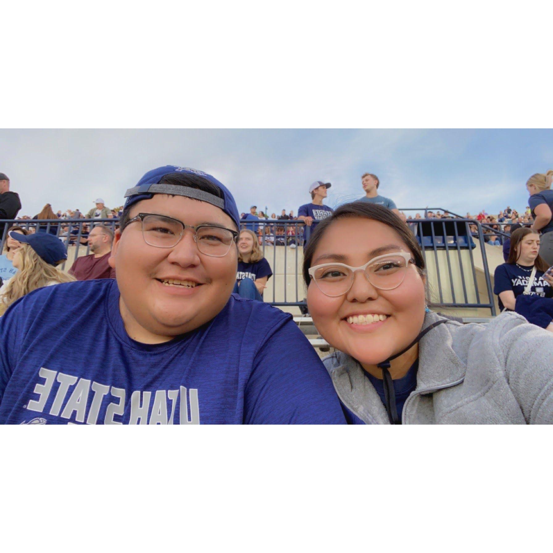 Our first USU Homecoming Game together, and of course Aggies came out with the W, so we witnessed the "A" light blue. 