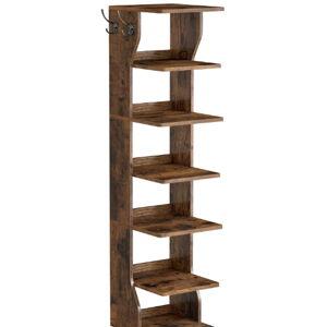 VASAGLE 7-Tier Vertical Shoe Rack, Narrow Shoe Storage Organizer with Hooks, Slim Corner Tower Shelf, Space-Saving for Entryway and Bedroom, Rustic Brown ULBS200KD01