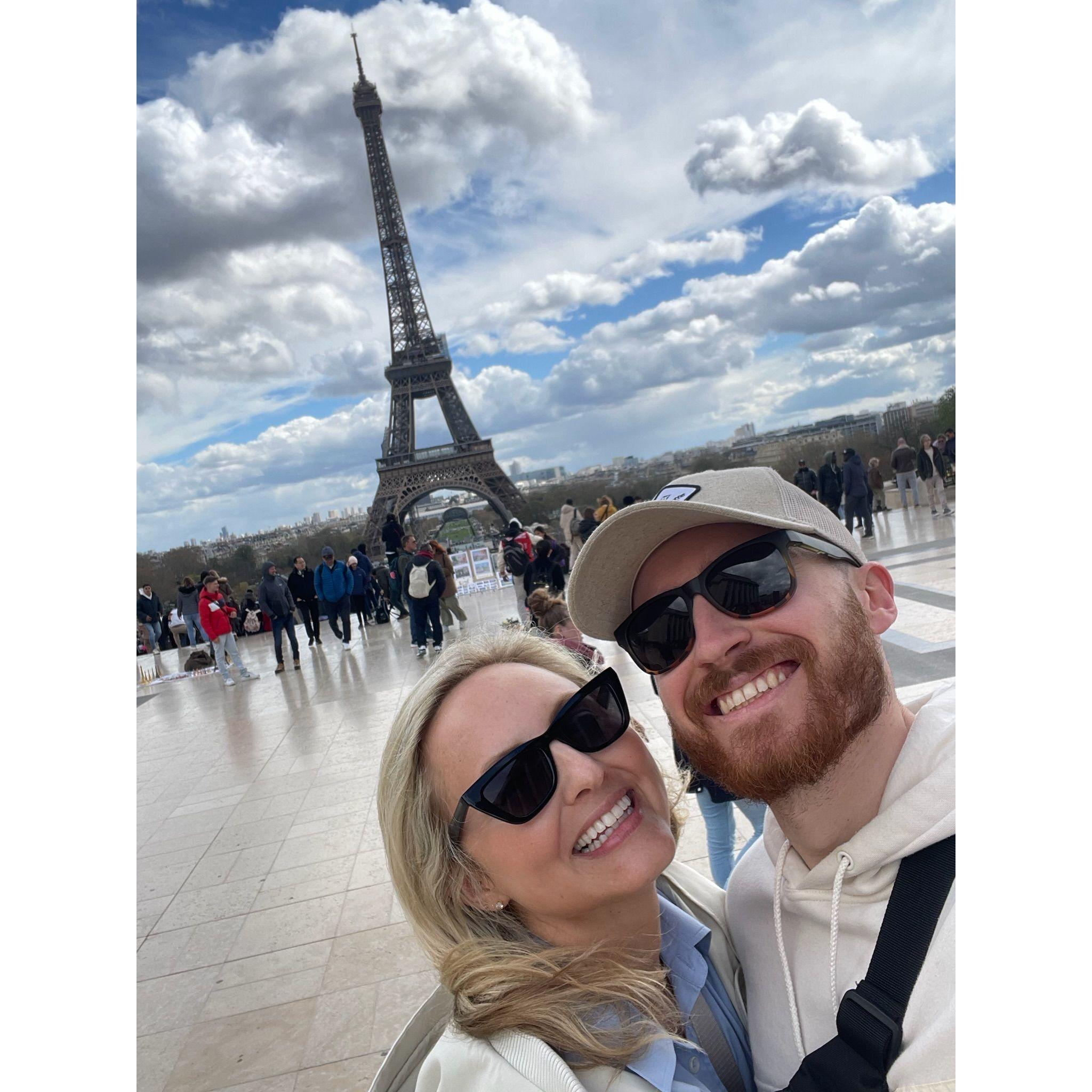 Bon voyage! Sara practiced her French and Kyle ate a chocolate croissant every day while sightseeing in Paris before heading across the water to England.