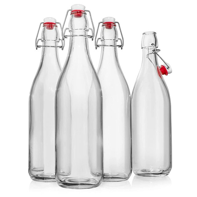 WILLDAN Giara Glass Bottle with Stopper Caps, Set of 4-33.75 Oz Carafe Swing Top Glass Bottles for Beverages, Oils, Kombucha, Kefir, Vinegar, Leak Proof Caps & Airtight Lids