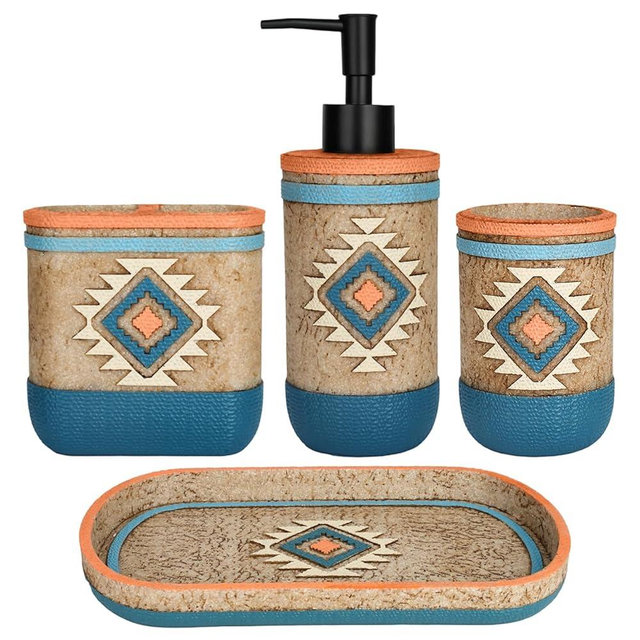Bathroom Accessory Sets 4PCs Bathroom Set Complete Tribal Home Decor Southwest Pattern Shape Includes Lotion Dispenser Toothbrush Holder Tumbler Cup & Vanity Tray